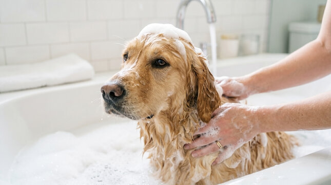 Golden retriever getting shampooed in bathtub with foam during grooming session. Dog enjoys relaxing bath while being washed gently by owner with soap suds and warm water.
