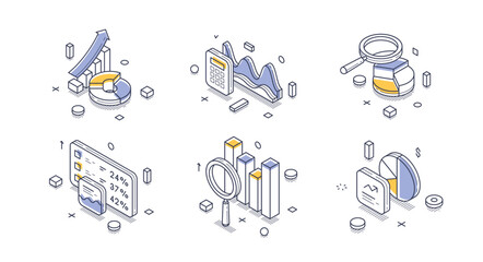 Isometric vector illustration for market research and data analysis. Icons with charts and graphs for strategic planning. Modern graphic elements for marketing and financial reports