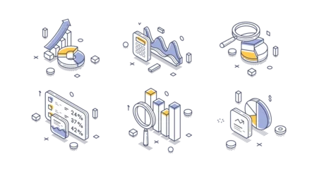 Isometric vector illustration for market research and data analysis. Icons with charts and graphs for strategic planning. Modern graphic elements for marketing and financial reports © provectors