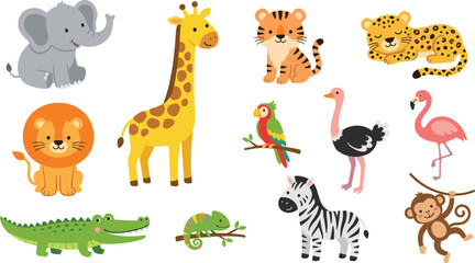 Cute cartoon safari jungle animals vector set with tropical wild african wildlife characters collection isolated illustrations design. © Sukhi