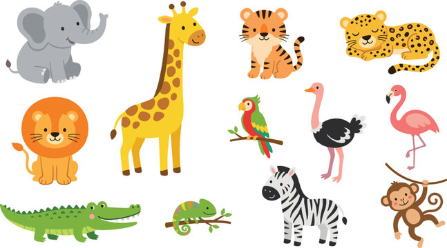 Cute cartoon safari jungle animals vector set with tropical wild african wildlife characters collection isolated illustrations design.