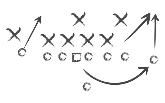 Hand Drawn Football Strategy Diagram &ndash; Soccer Tactics Playbook with X and O Symbols and Dashed Arrows Vector Illustration Web