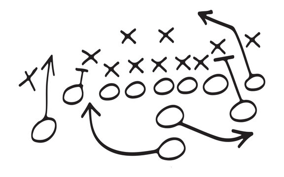 Hand Drawn Football Strategy Diagram &ndash; Soccer Tactics Playbook with X and O Symbols and Dashed Arrows Vector Illustration Web