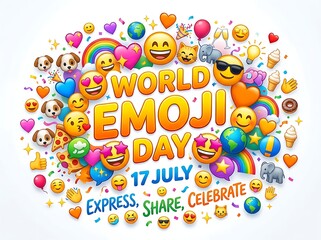 Fototapeta premium Colorful world emoji day celebration with expressive emoticons and fun symbols for social sharing events