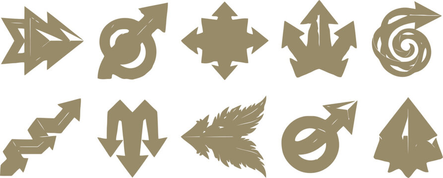 Set of ten unique green arrow icons and abstract symbols