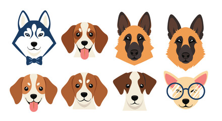 Naklejka premium Collection of different dog breed face illustrations including a Husky with a bowtie, Beagle, German Shepherd, and a bespectacled Chihuahua.