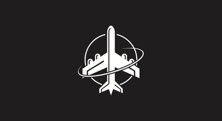 Military emblem featuring a white jet with orbiting rings on black background © Keong