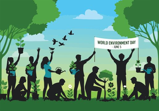 People planting trees and holding a World Environment Day sign