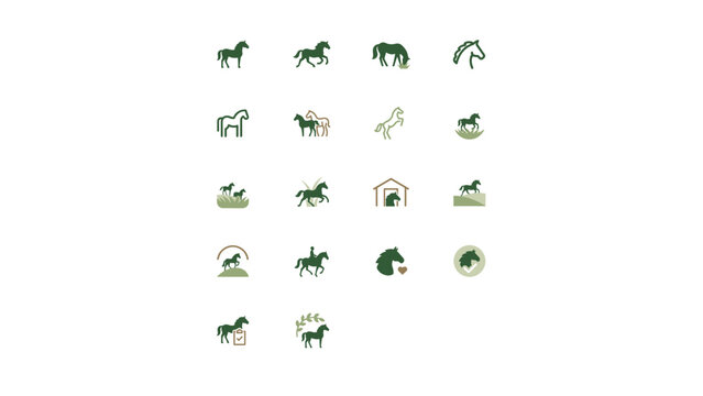 Collection of horse silhouettes with barn and landscape elements a flat vector illustration silhouette horses equine stallion mare foal livestock