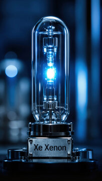Light bulb design shows glass tube with glowing blue light, symbolizing xenon gas and its use in technology and lighting, captured in a laboratory setting