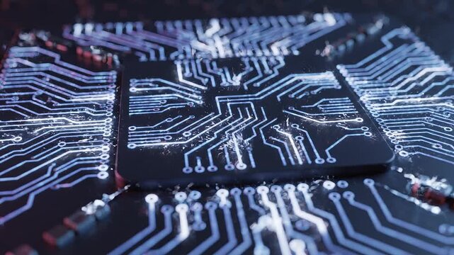 Animation de circuits imprim&eacute;s s'illuminant avec flux de donn&eacute;es sur un microprocesseur, concept IA et technologie