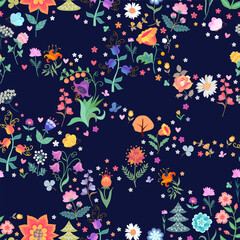 Fototapeta premium Seamless pattern with flowers, trees, leaves. Fashion print for fabric. Decorative floral ornament. Vector design