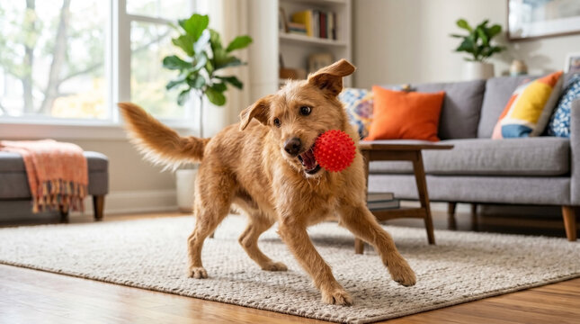 Energetic dog playing with squeaky rubber toy in cozy living room. Happy dog enjoys running with bright red ball in spacious home environment, creating a lively atmosphere for pet owners.