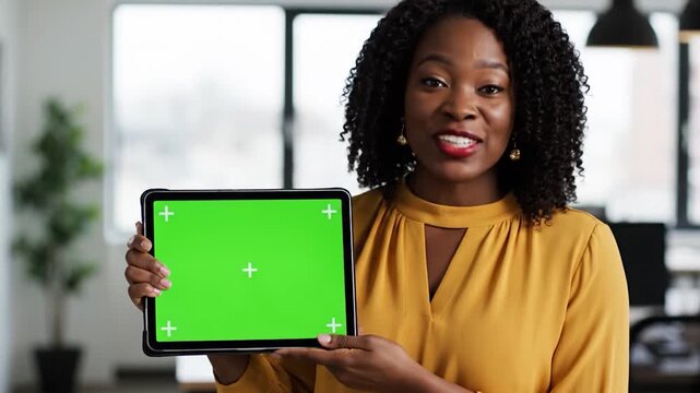Smiling woman points to a green screen tablet in an office