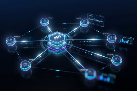Central api hub connecting multiple digital nodes with glowing light lines and floating data charts in a dark virtual network environment