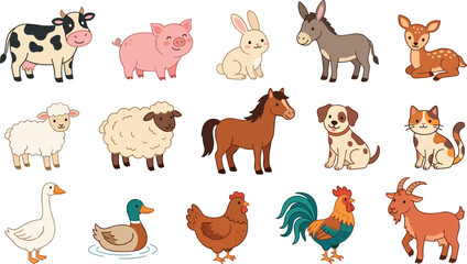 Fototapeta premium Cute cartoon farm animals vector set featuring friendly domestic livestock and poultry characters isolated illustration collection.