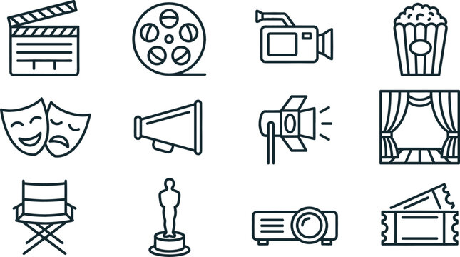 Cinema and movie production line icon set with clapperboard film reel camera popcorn spotlight chair and tickets vector