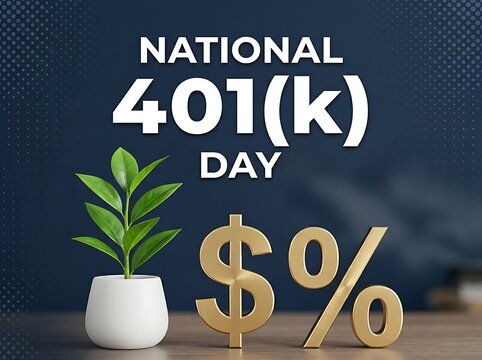 Celebrate national 401k day with a small plant and golden financial symbols on table