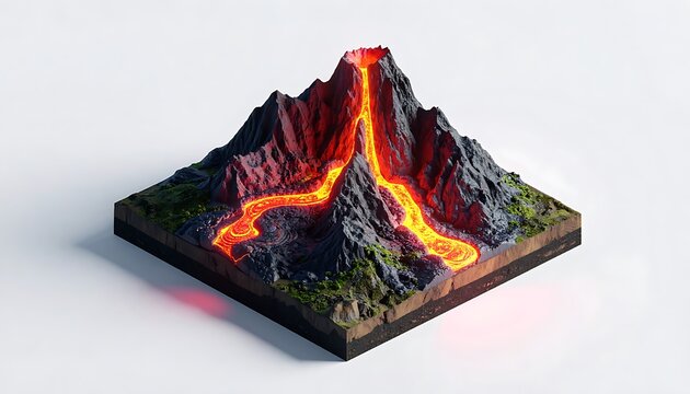 A 3D model of an erupting volcano on a square base