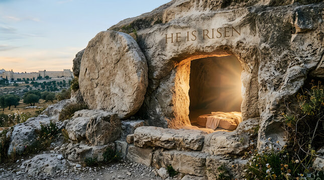 Empty stone tomb with a rolled away rock and the words he is risen carved into the ancient rock surface