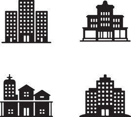 Fototapeta premium Set of four black and white depicting various types of urban buildings, office towers, and residential houses, set