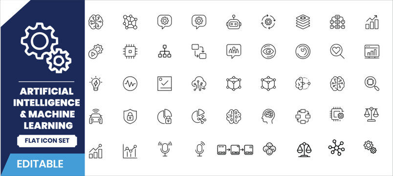 Artificial intelligence machine learning flat icon set vector illustration