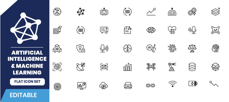 Artificial intelligence and machine learning icon set