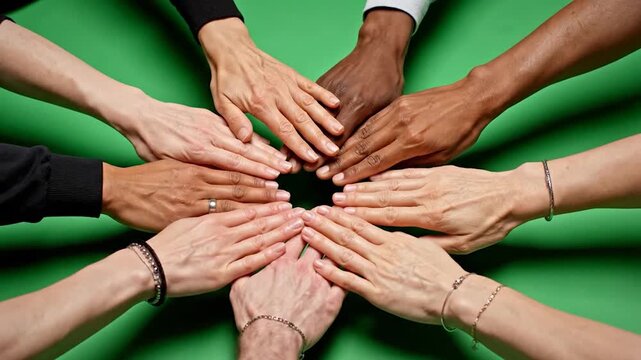 Diverse hands reaching toward the center of a green surface