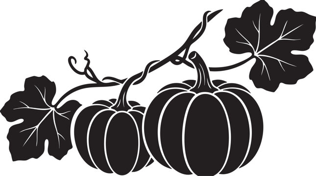 Black silhouette of two pumpkins with leaves on a