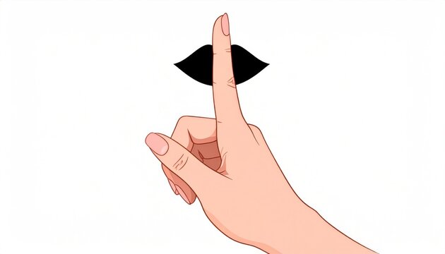 Illustration of a hand placing a finger over stylized black lips, signifying silence