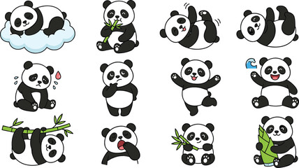 Cute cartoon giant panda character vector set featuring friendly bear poses eating bamboo isolated collection illustration. © Sukhi