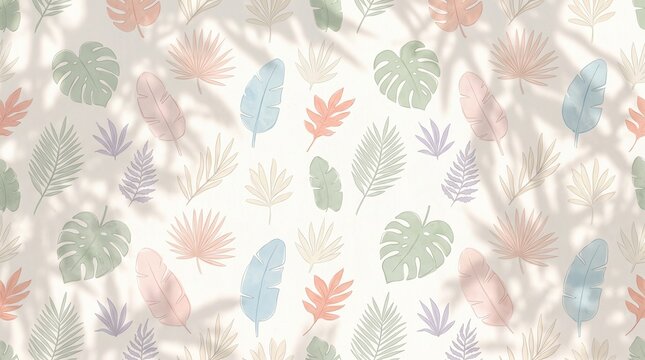 Seamless tropical pattern with watercolor leaves and palm tree foliage