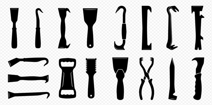 Collection of various construction and renovation tools, including scrapers, pry bars, and other hand tools, depicted as black silhouettes on a transparent background.