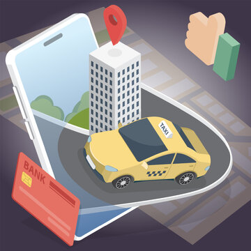 Concept for order taxi app. Taxi online service on mobile application with yellow taxi cab, online payment and location on map. 3d flat isometric illustration.