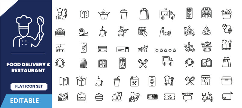 Food delivery and restaurant line icons set editable vector graphics