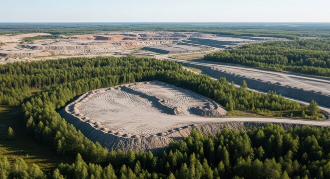 Expansive open-pit quarry and surrounding forest landscape viewed from above, showcasing industrial land transformation
