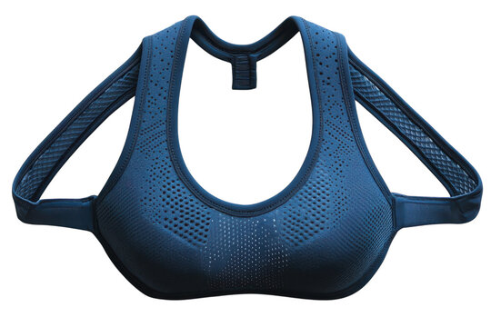 Stylish deep blue athletic sports bra featuring a modern racerback design with breathable perforated mesh fabric detail for high intensity workout sessions isolated on white background