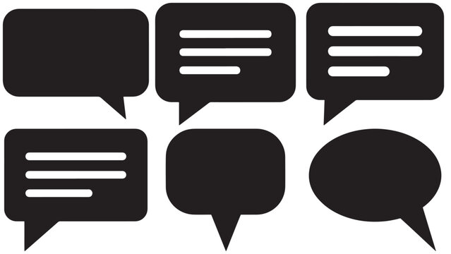 Dark speech bubble icons representing conversation, messaging, chat comments, and communication interface elements isolated on black background