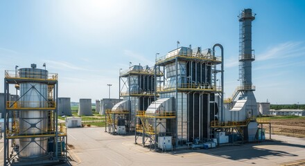 Obraz premium Modern biomass energy plant facility with towering industrial structures under a clear blue sky