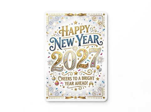 Happy new year 2027 greeting card with gold and blue typography and festive confetti.