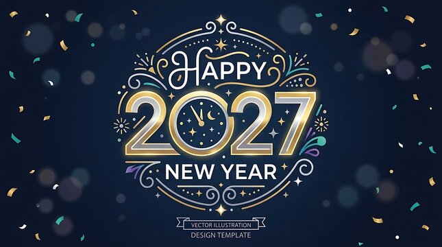 New year 2027 clock concept design with golden line art and confetti.