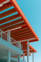 Obraz premium Orange wooden pergola roof with white columns, metal railings and clear blue sky for minimalist architectural background and banner design