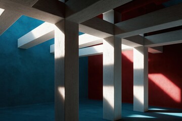 Naklejka premium Minimalist interior with concrete columns and overhead beams casting angular shadows on blue and red walls for background and editorial design