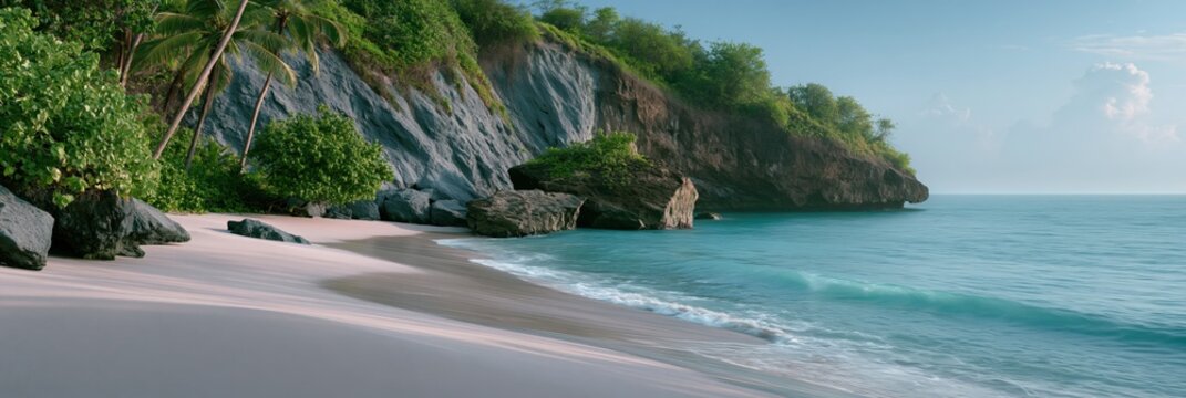 Tropical secluded bay with white sand and turquoise water framed by palm trees and rocky cliffs for resort background and banner design