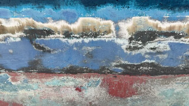 Abstract background of paint and rust blue and red moving shot with colour rubbed off in places seeing metal beneath UK 4K