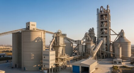 Obraz premium Vast industrial cement factory complex with intricate machinery under a clear blue sky.