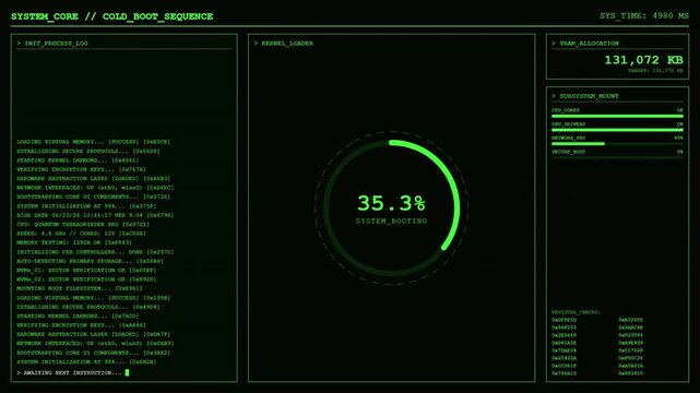 System Core Cold Boot Sequence Kernel Loading Animation Green Screen.