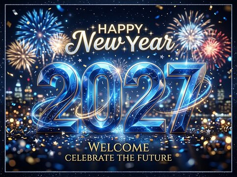 Happy new year 2027 design with fireworks and confetti over night city skyline background.