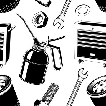Automotive Service Seamless Pattern Vector. Car Repair Tools and Garage Equipment Background for Auto Service Workshop