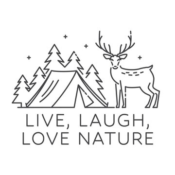 Live Laugh Love Nature Line Art Vector Illustration. Camping Tent and Deer Outdoor Adventure Design